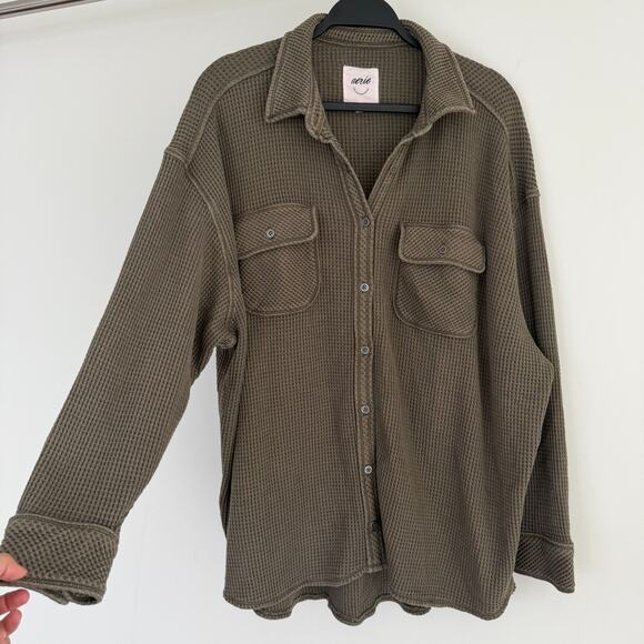 Aerie Lumberjane Waffle Shirt Small Olive Green Oversized Button Front Layer - Picture 1 of 9